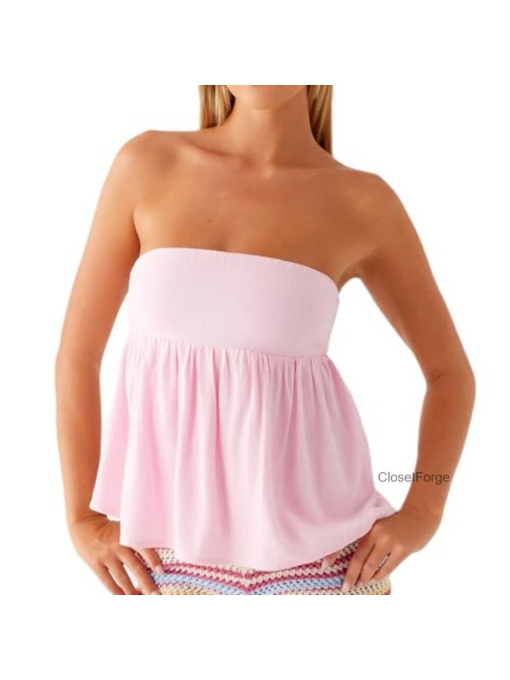 Women Strapless Ruffle Tube Top Smocked Sleeveless Backless Flowy Hem Peplum